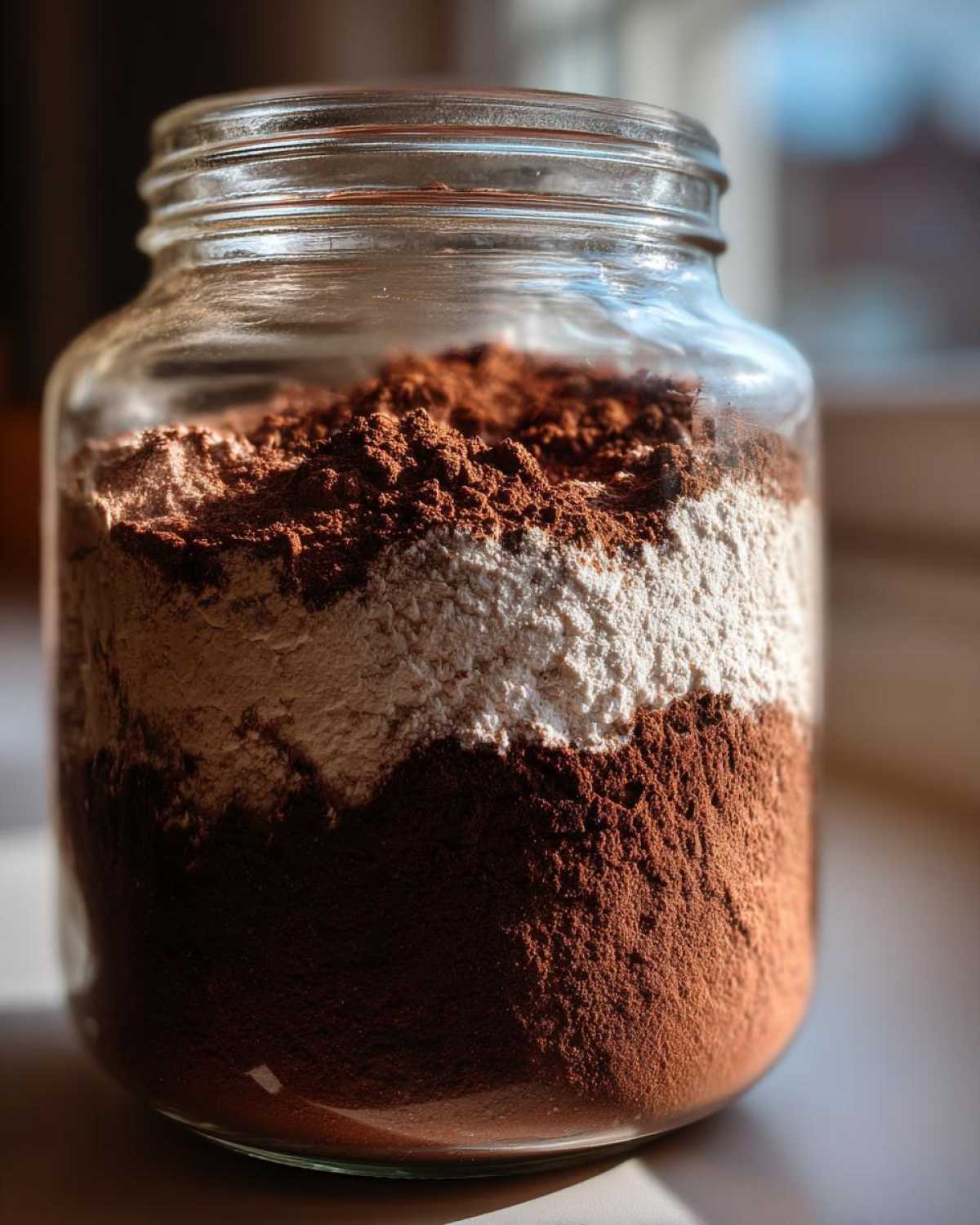 Close-up of layered ingredients for homemade hot cocoa mix stored in a clear glass jar.