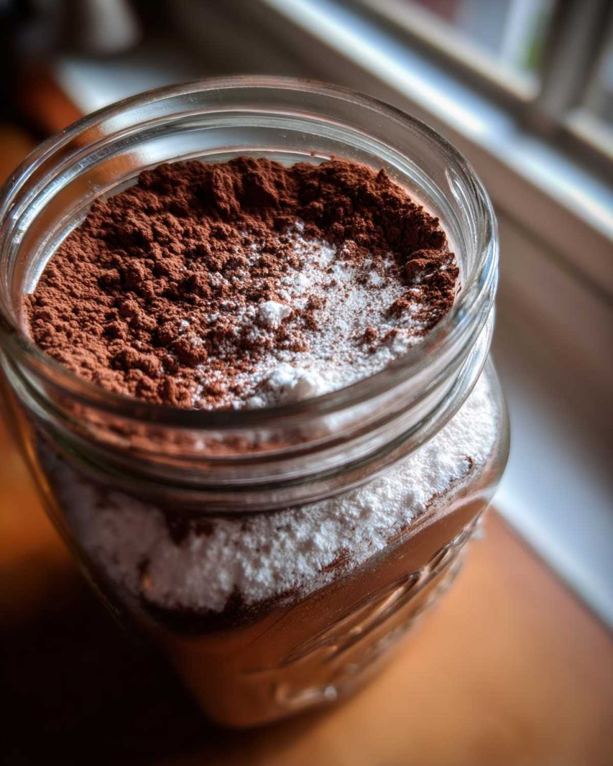 Close-up of layered ingredients for homemade hot cocoa mix, showing dark cocoa powder over white sugar in a mason jar.