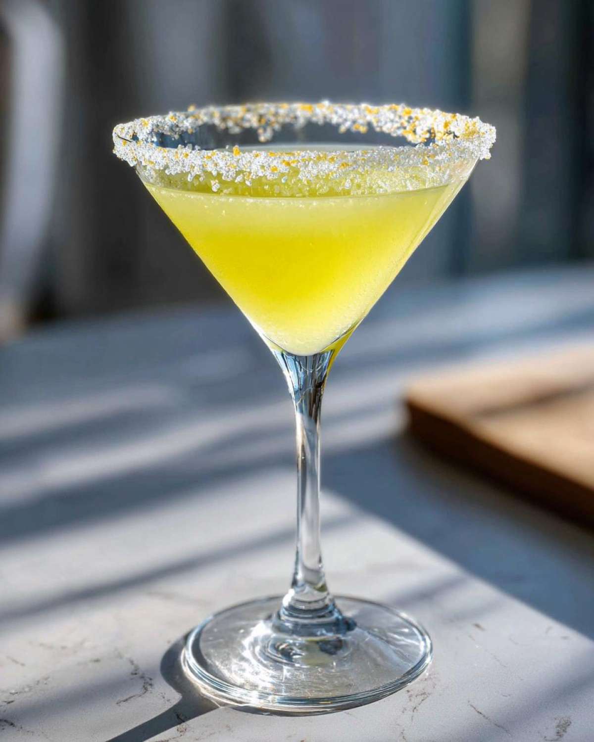 A bright yellow lemon drop martini in a stemmed glass with a sparkling sugar and lemon zest rim.