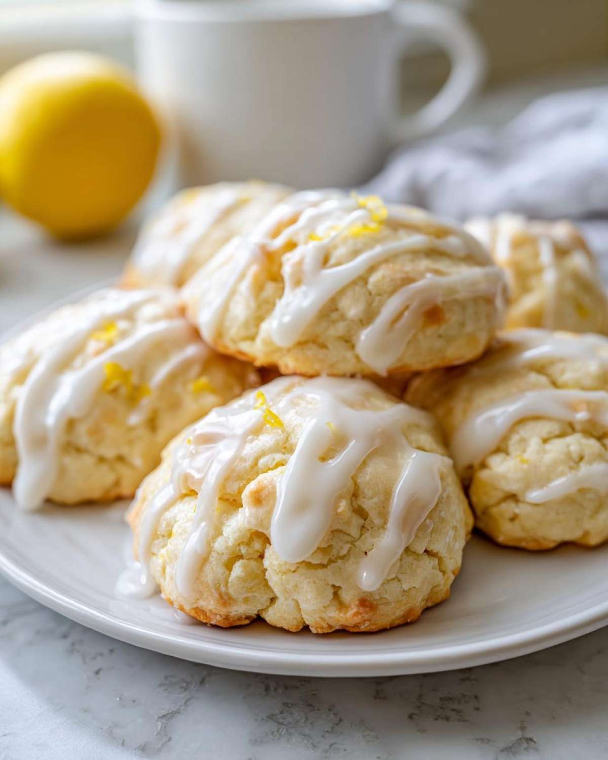 A stack of soft, glazed ricotta cookies topped with lemon zest, ready to eat.