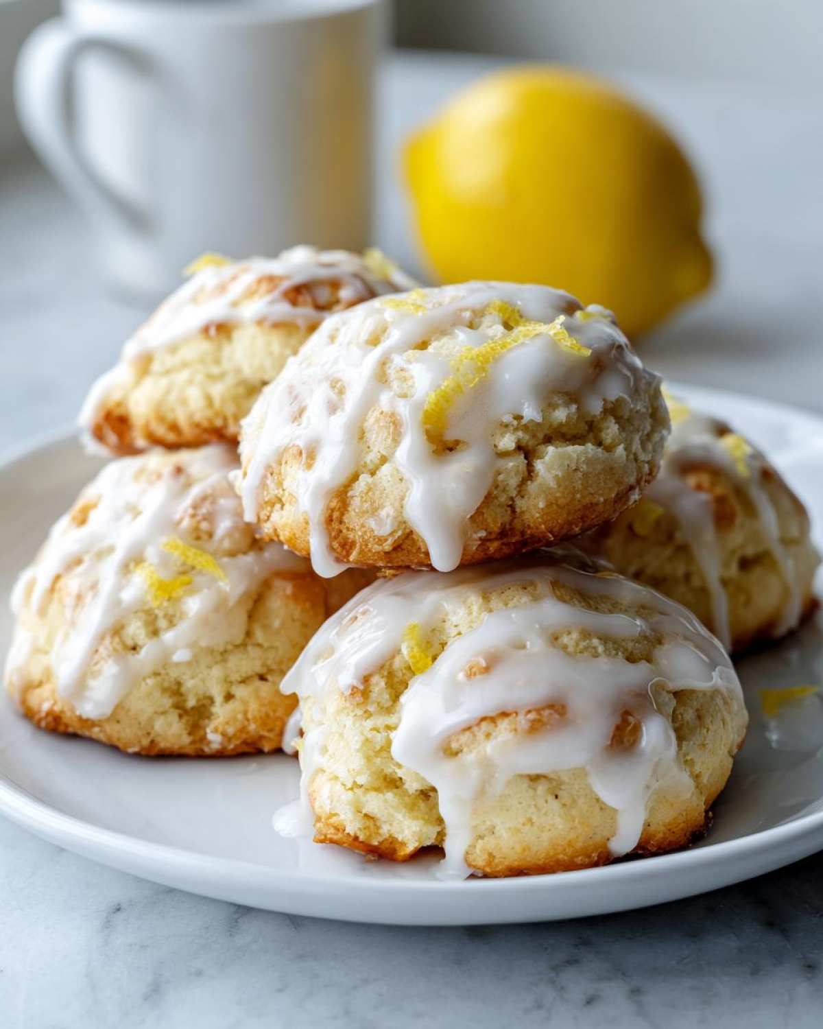 Stack of soft lemon ricotta cookies drizzled with white glaze and topped with zest.