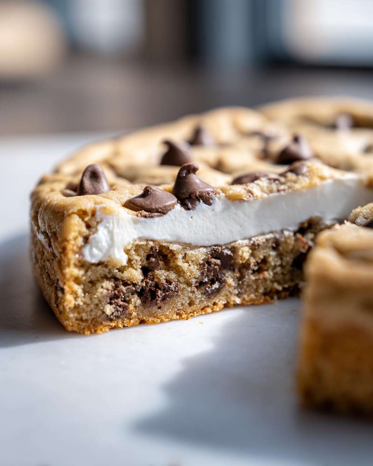 Close-up of a slice cut from a giant cookie cake recipe showing a thick layer of white filling and chocolate chips.