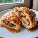 A delicious apple dumpling cut in half, showing spiced apple filling and flaky pastry, drizzled with caramel sauce.