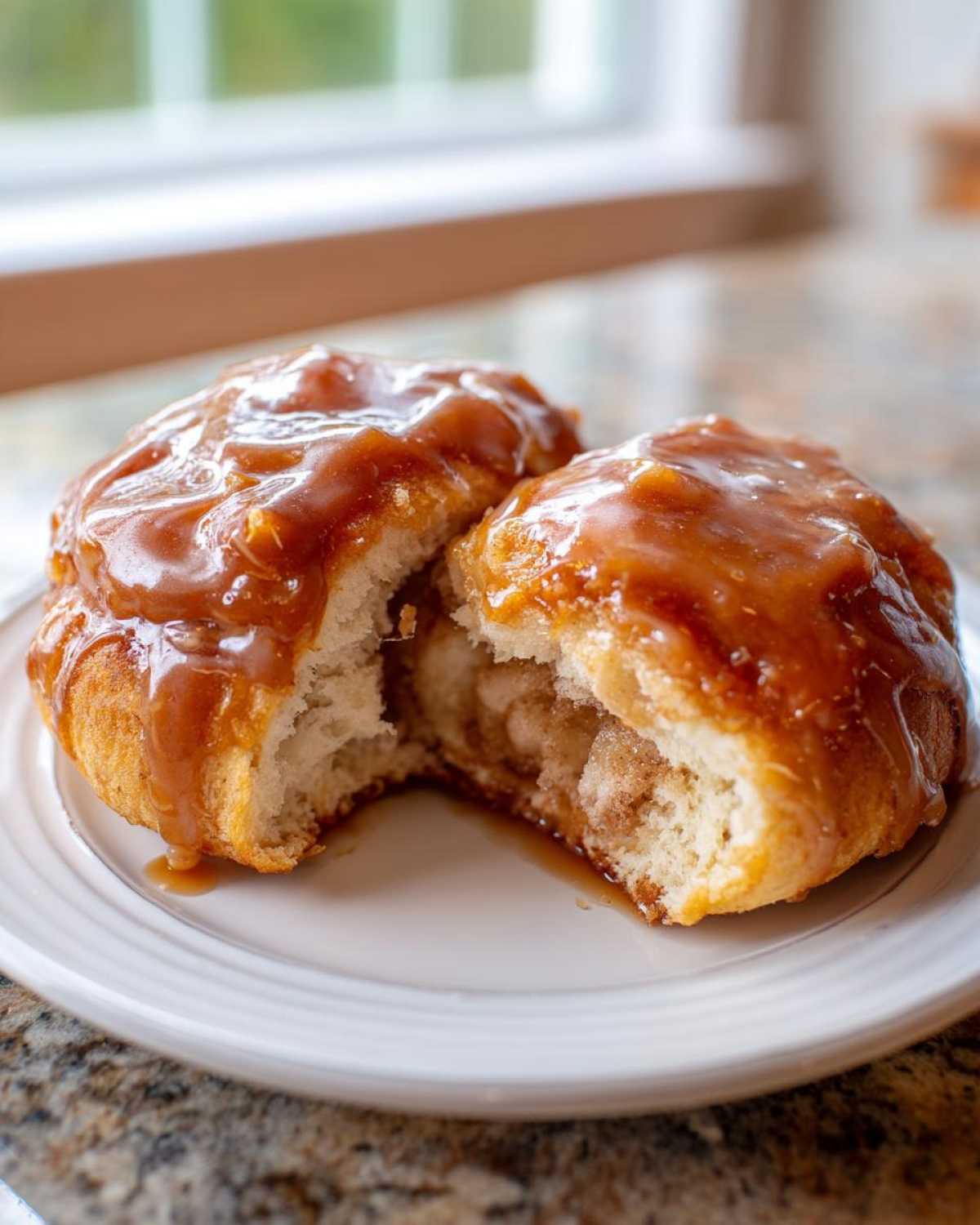 A warm apple dumpling cut in half, showing cinnamon filling, covered in thick caramel glaze.
