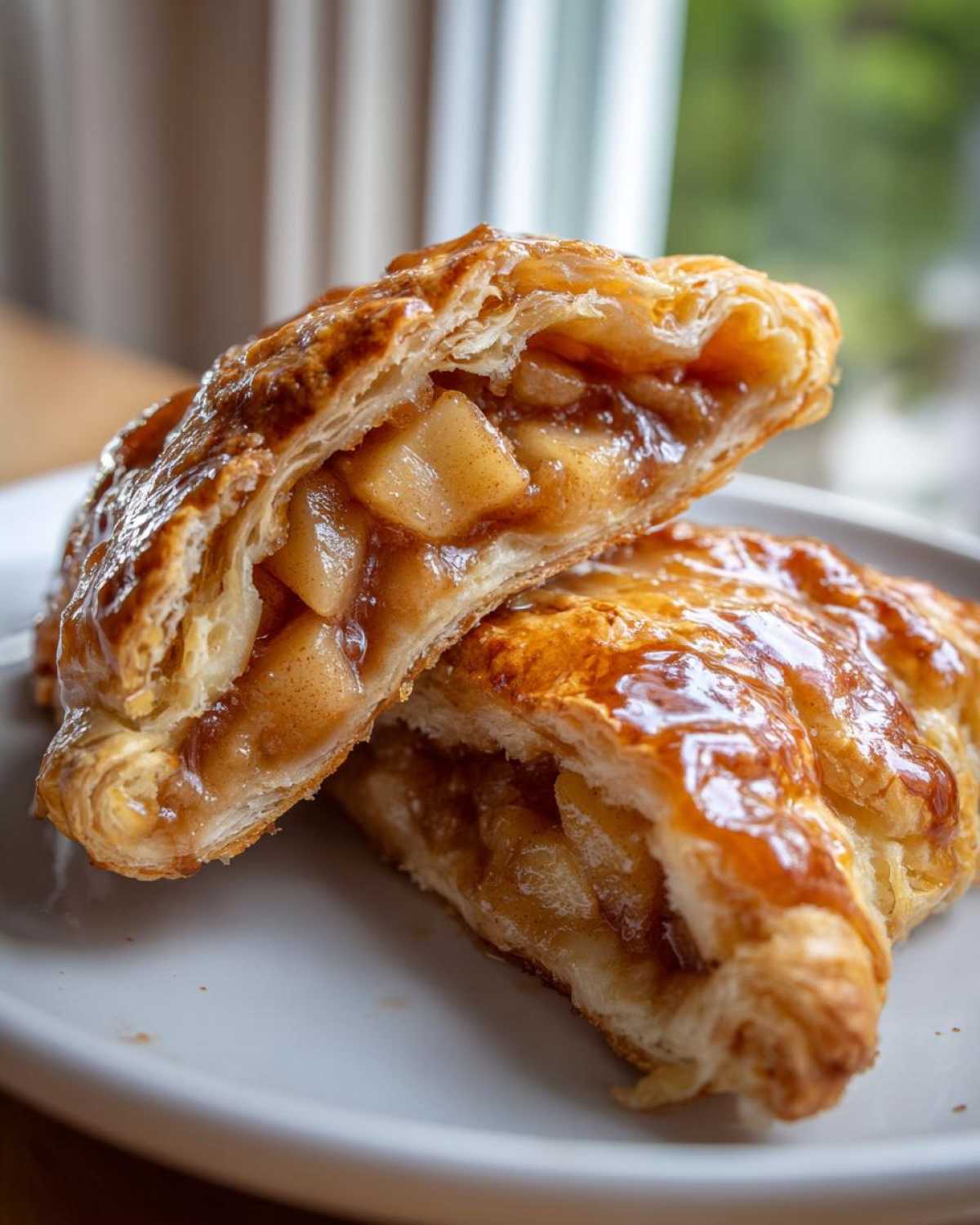 Close-up of a flaky pastry apple dumpling cut in half, showing spiced apple filling.