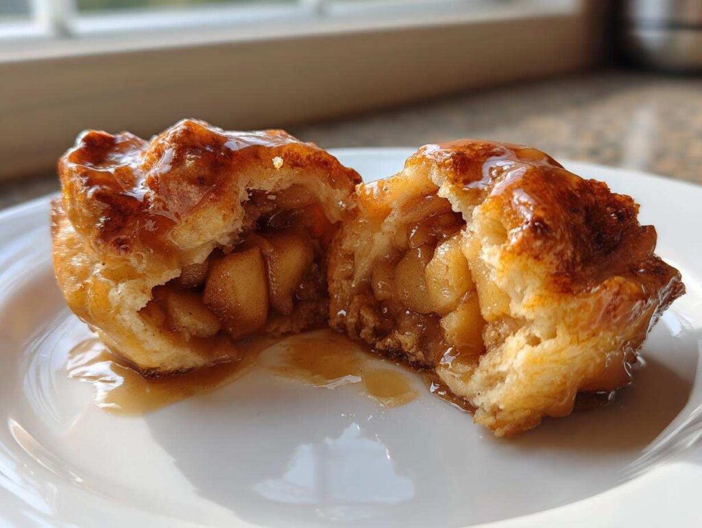 Close-up of a baked apple dumpling cut in half, showing warm spiced apple filling and sticky caramel glaze.