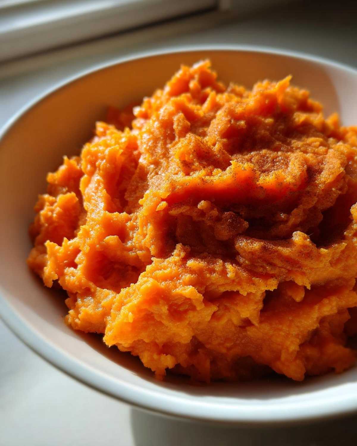 Close-up of a bowl filled with bright orange, fluffy mashed sweet potatoes, lightly dusted with spice.