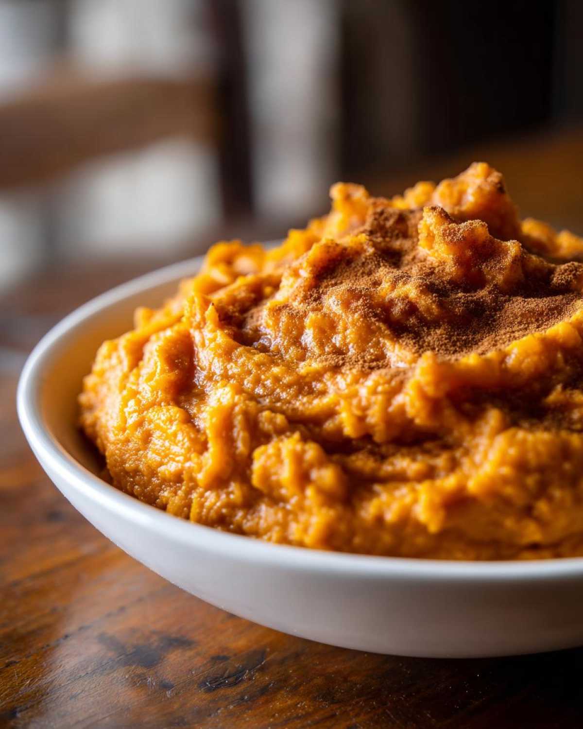 Close-up of a white bowl filled with creamy, bright orange mashed sweet potatoes topped with cinnamon.