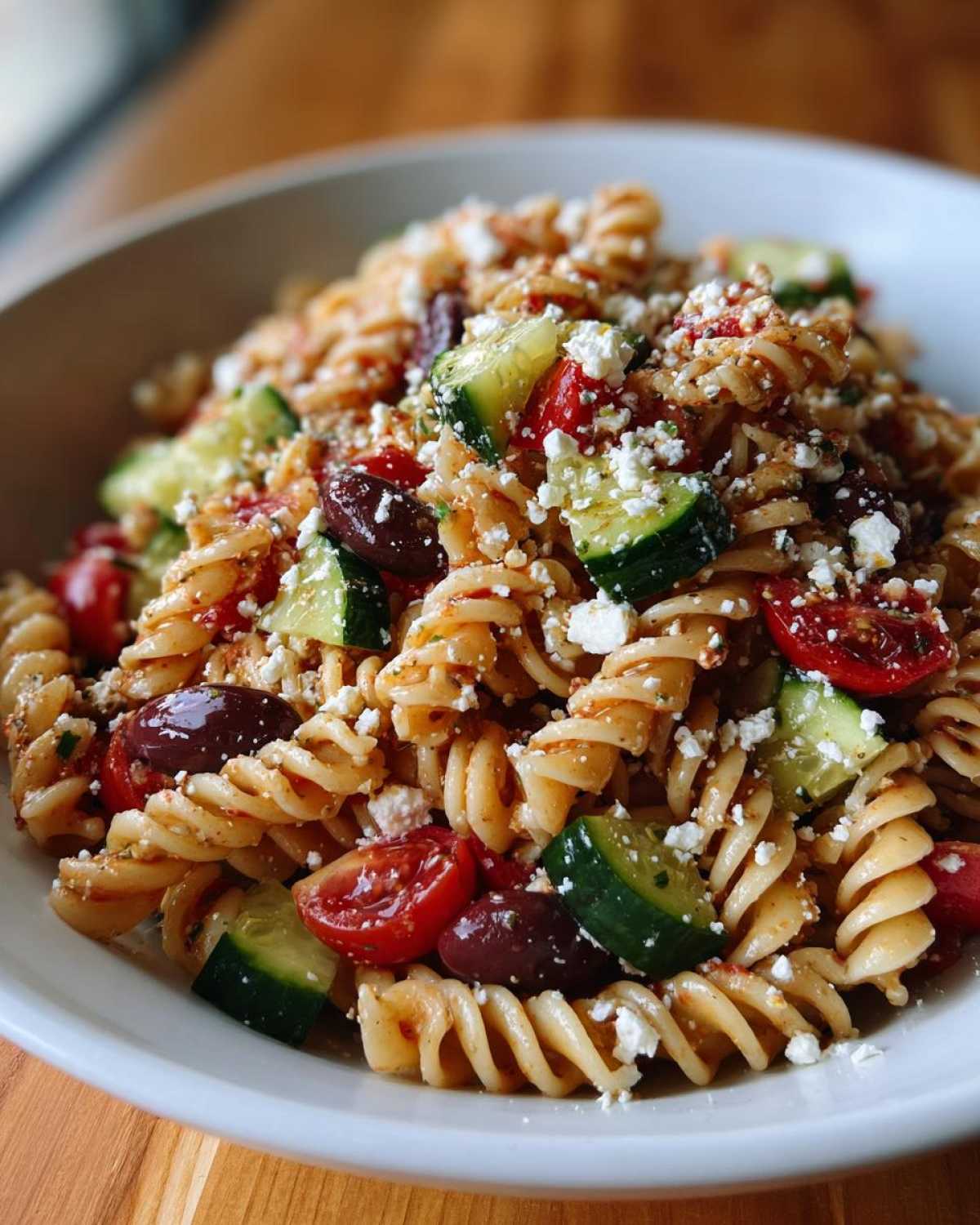 Close-up of a bowl filled with vibrant mediterranean pasta salad featuring fusilli, cucumbers, tomatoes, olives, and feta cheese.