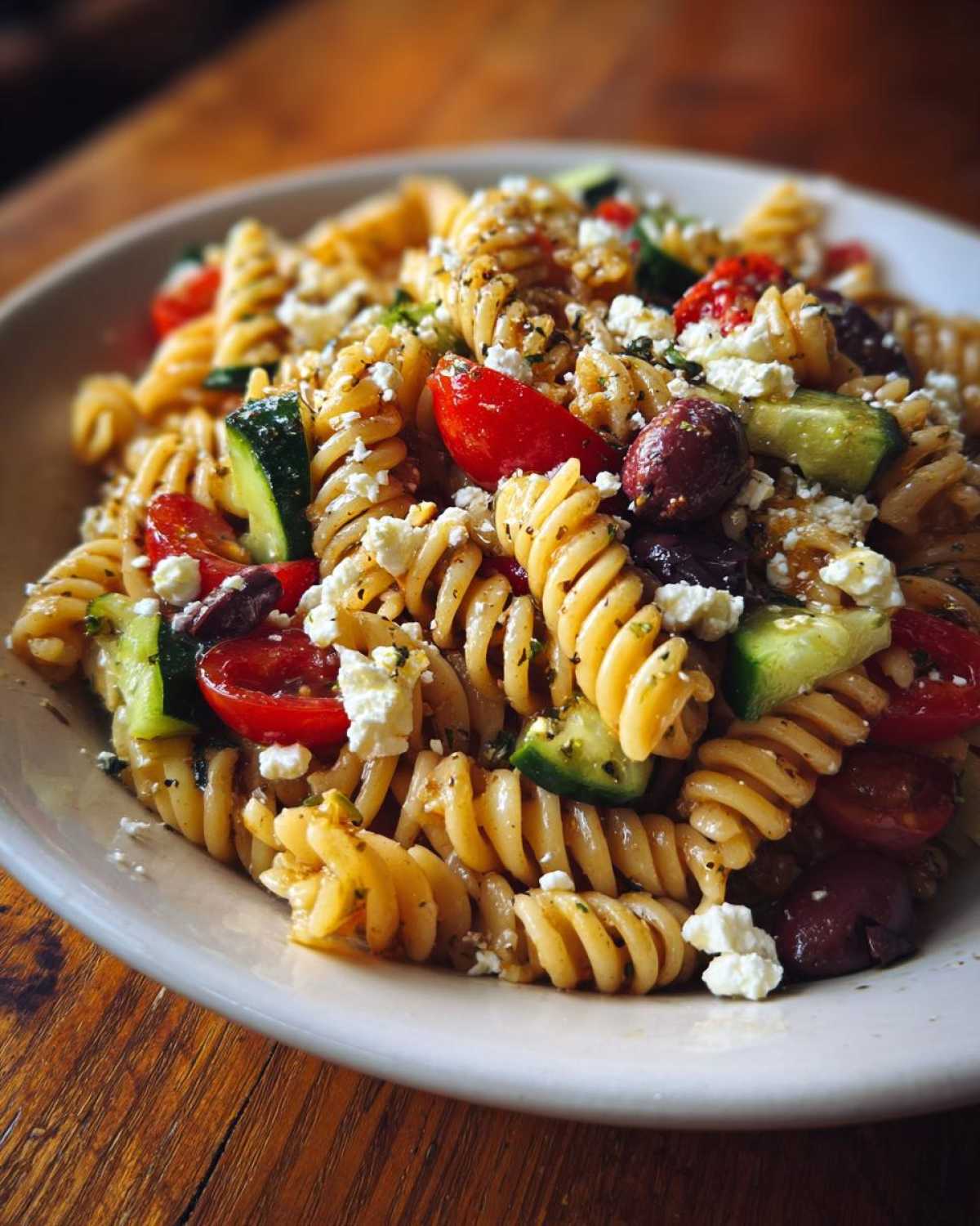 A close-up of a bowl of mediterranean pasta salad featuring rotini pasta, cherry tomatoes, cucumber chunks, Kalamata olives, and crumbled feta cheese.