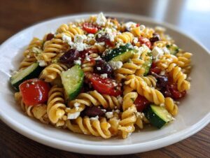 A close-up of a white bowl filled with amazing mediterranean pasta salad featuring rotini, cucumber, tomatoes, olives, and feta.