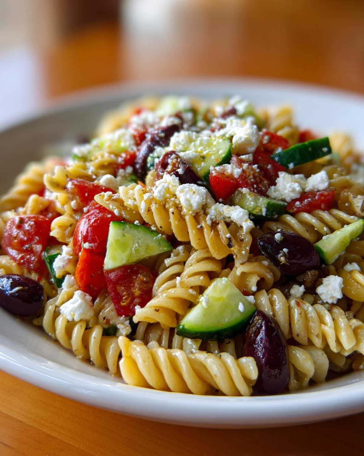 Close-up of a serving of mediterranean pasta salad featuring rotini pasta, cucumbers, tomatoes, Kalamata olives, and crumbled feta cheese.