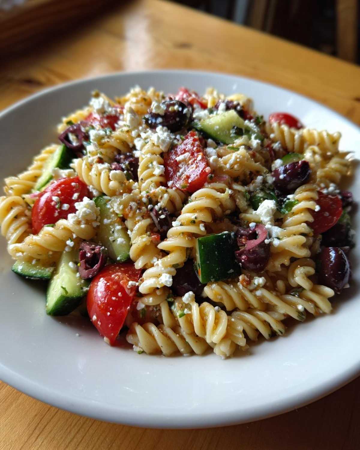 A close-up serving of vibrant mediterranean pasta salad featuring rotini pasta, cherry tomatoes, cucumber, Kalamata olives, and crumbled feta cheese.