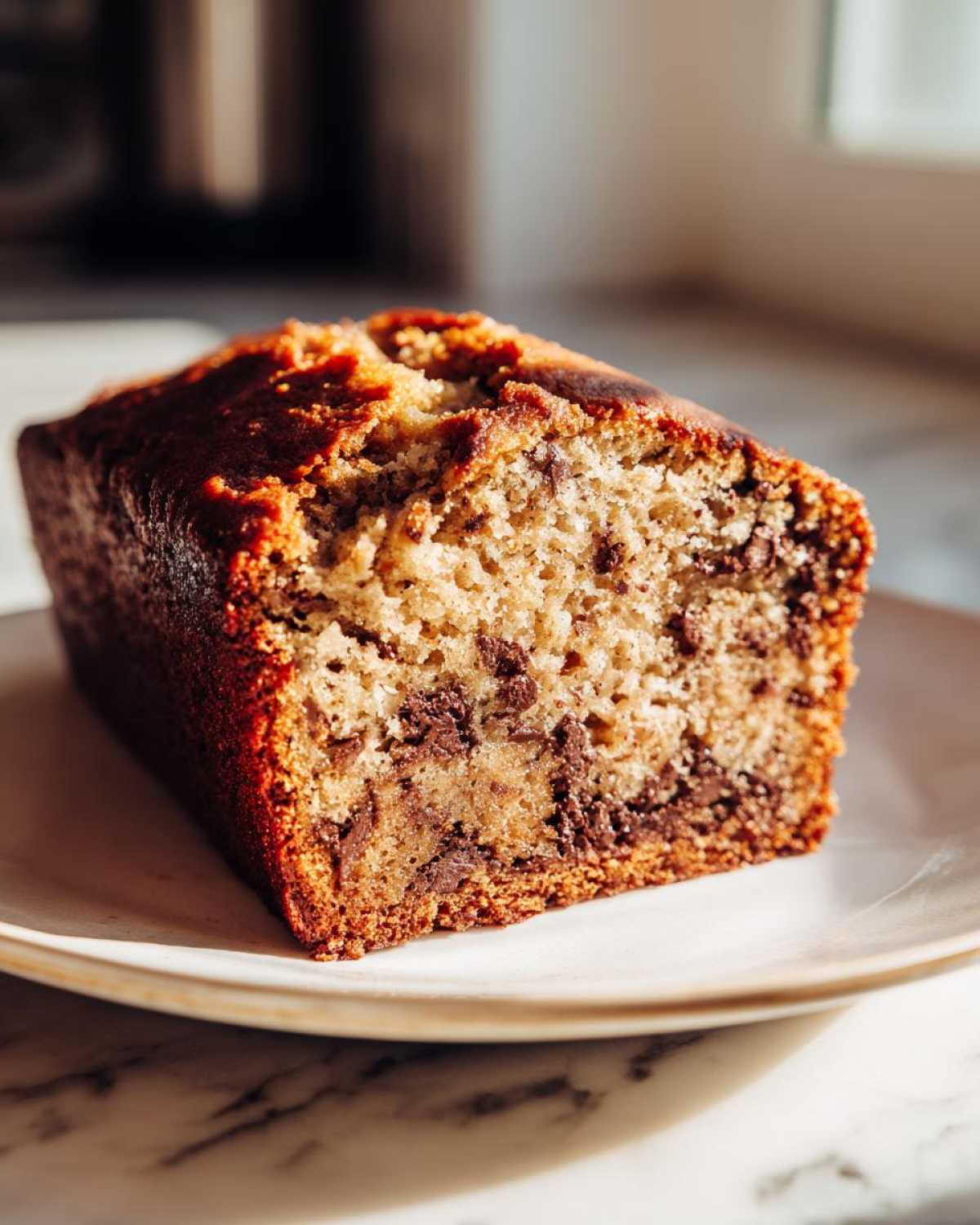 A close-up of a freshly baked loaf of vegan banana bread studded with melted chocolate chips.