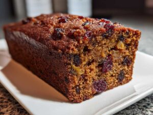 Close-up of a rich, moist loaf from an amazing fruit cake recipe, studded with dried cranberries and raisins.