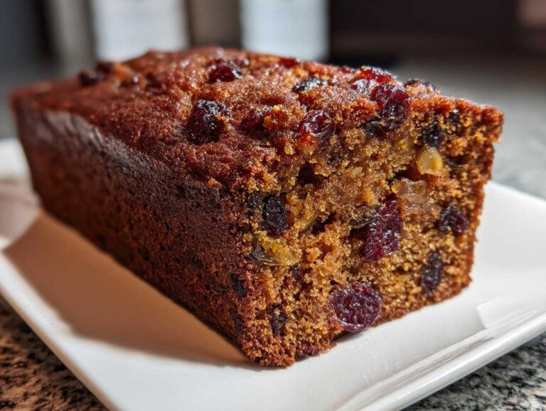 Close-up of a rich, moist loaf from an amazing fruit cake recipe, studded with dried cranberries and raisins.