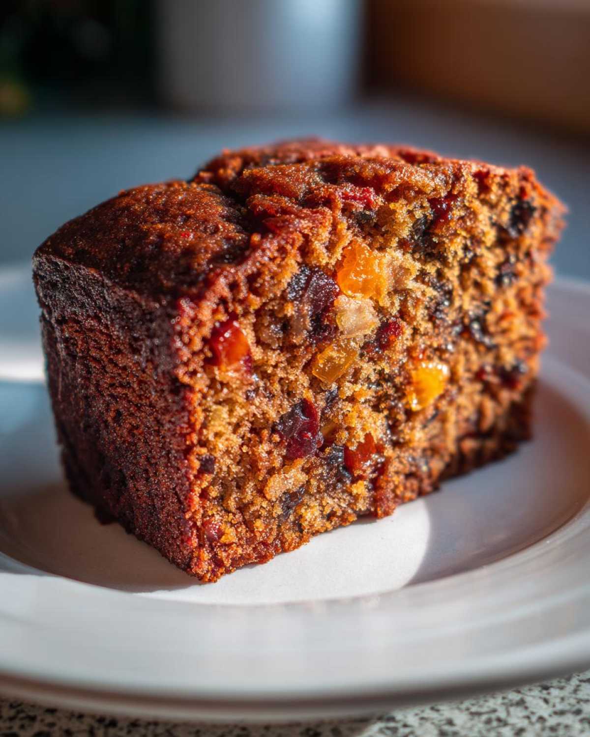 Close-up of a moist slice of fruit cake recipe showing dark, rich color and visible candied fruits.