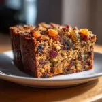 Close-up of a thick, moist slice of fruit cake recipe packed with dried fruits and nuts, served on a white plate.