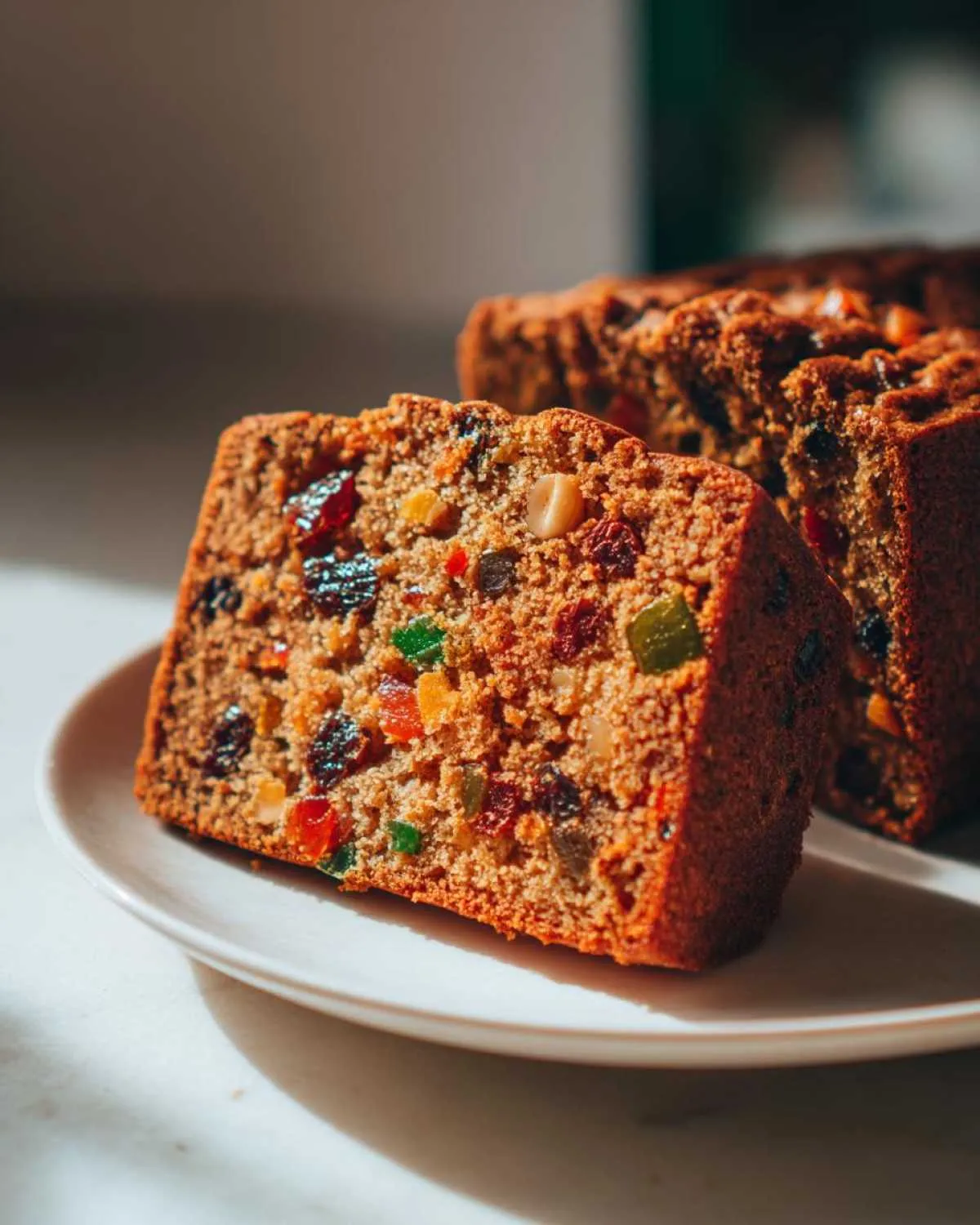 Close-up of a moist slice of fruit cake recipe packed with colorful candied fruits and nuts.