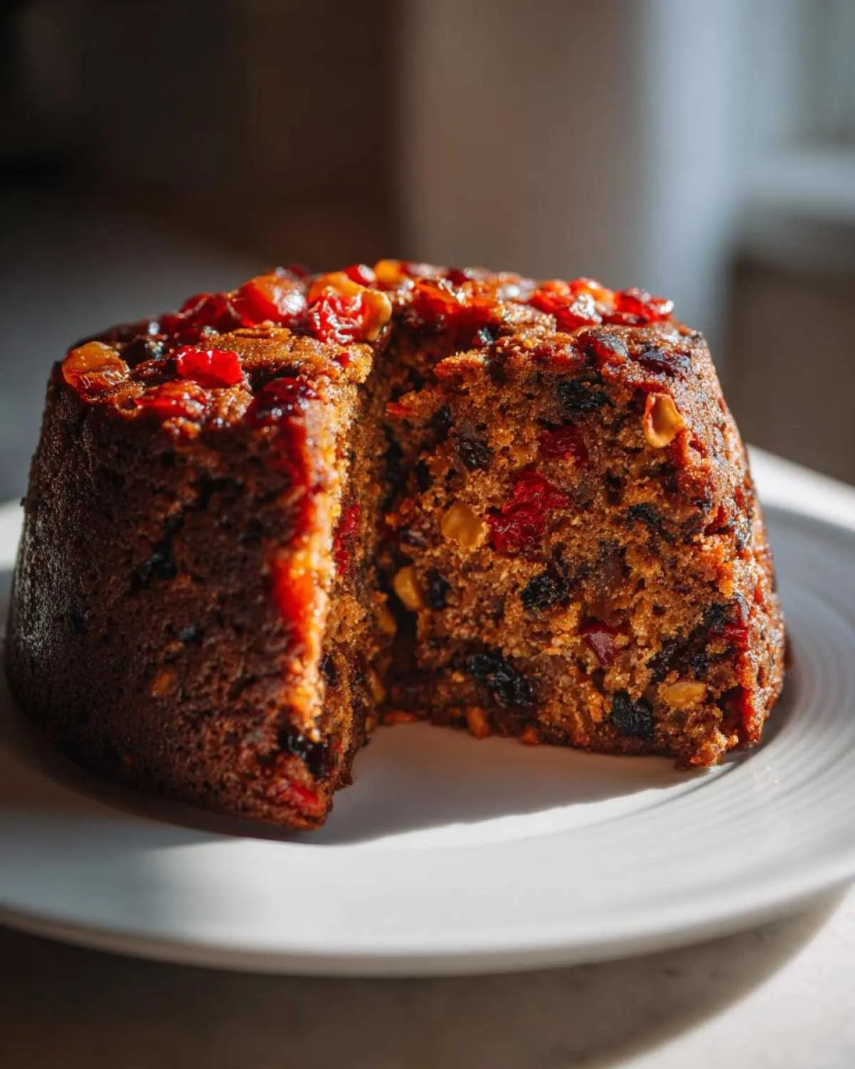A dark, moist fruit cake recipe, with a slice cut out to show the dense interior packed with dried fruits and nuts.