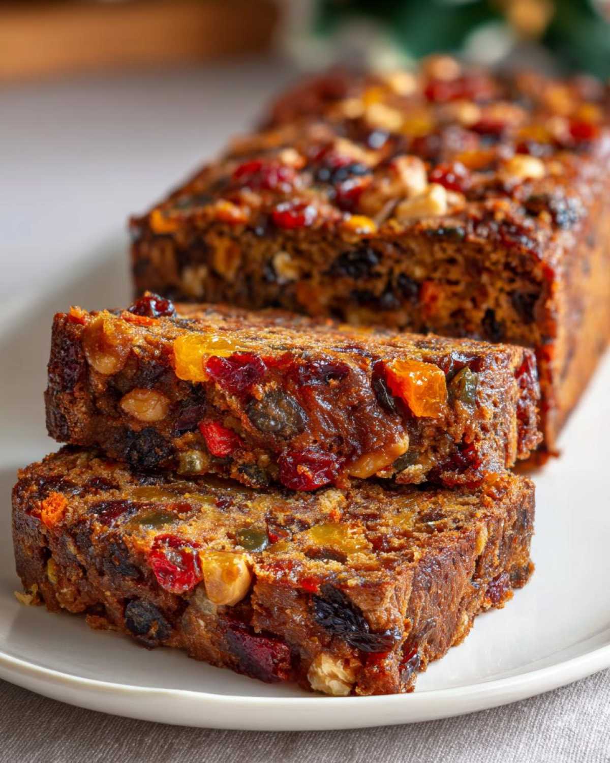 Close-up of two thick slices of moist fruit cake recipe loaded with candied fruits and nuts.