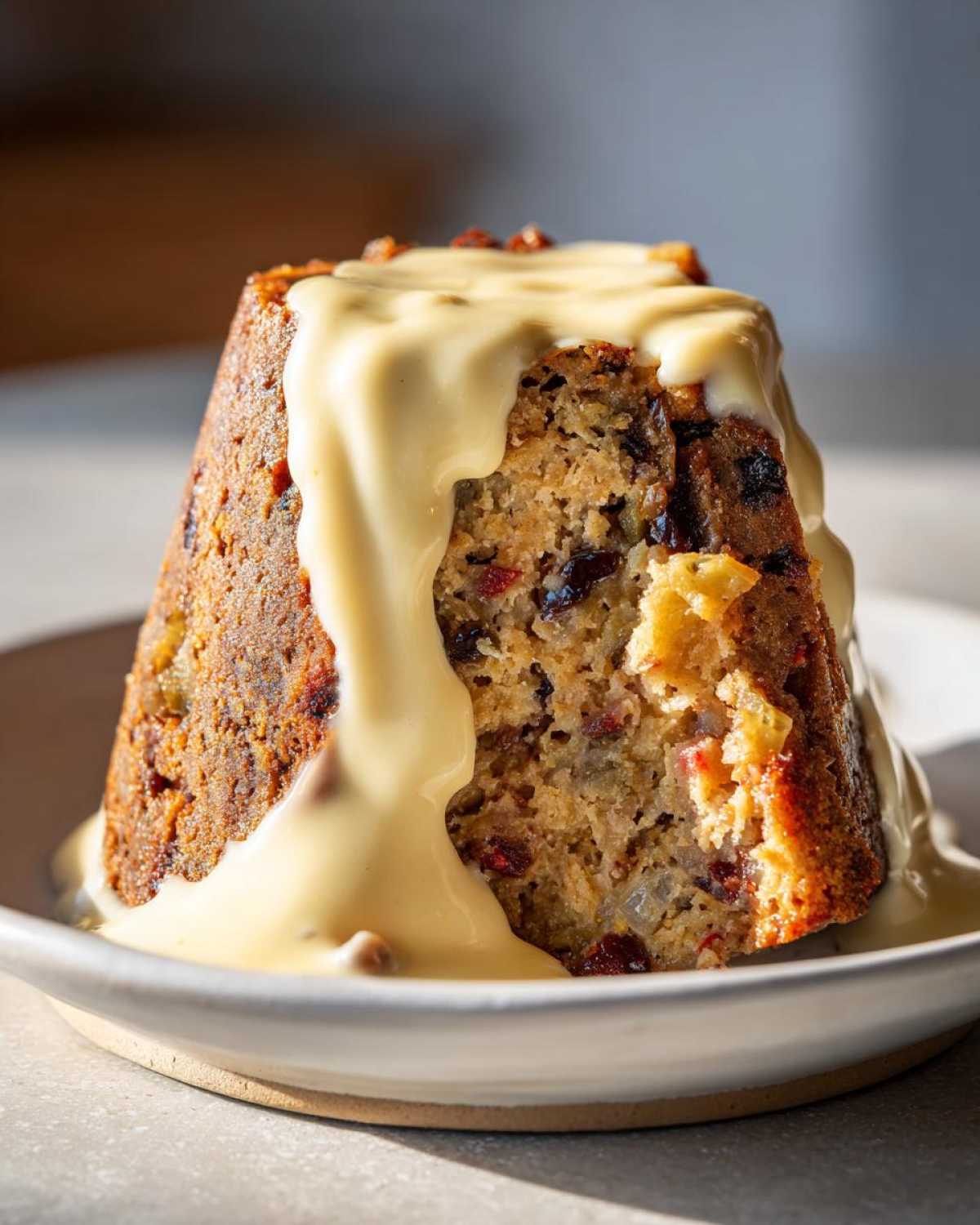 A close-up of a rich, moist plum pudding with a slice removed, generously covered in flowing vanilla custard.