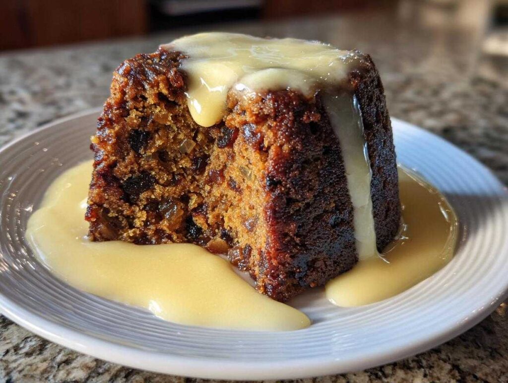 A rich, dark slice of plum pudding generously topped and surrounded by creamy yellow custard sauce.