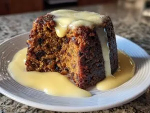 A rich, dark slice of plum pudding generously topped and surrounded by creamy yellow custard sauce.
