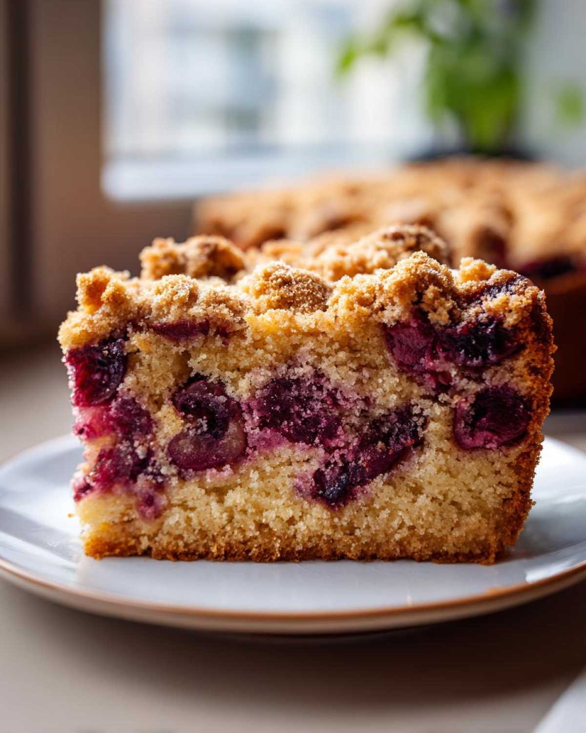 Close-up of a moist slice of plum cake with visible dark purple fruit and a golden crumble topping.