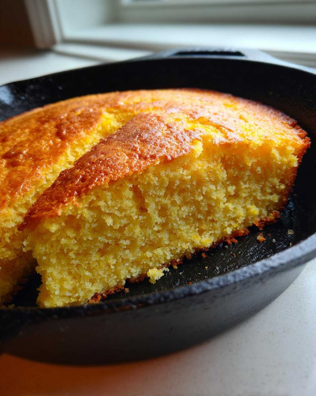Close-up of moist sourdough cornbread with a golden crust, cut in a black cast iron skillet.