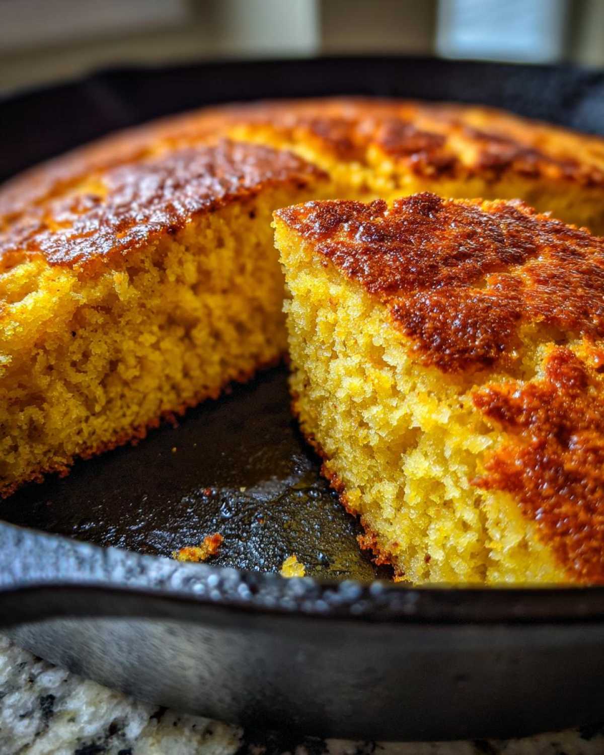 Close-up of a freshly baked, moist sourdough cornbread with a dark, caramelized crust, cut inside a black cast iron skillet.