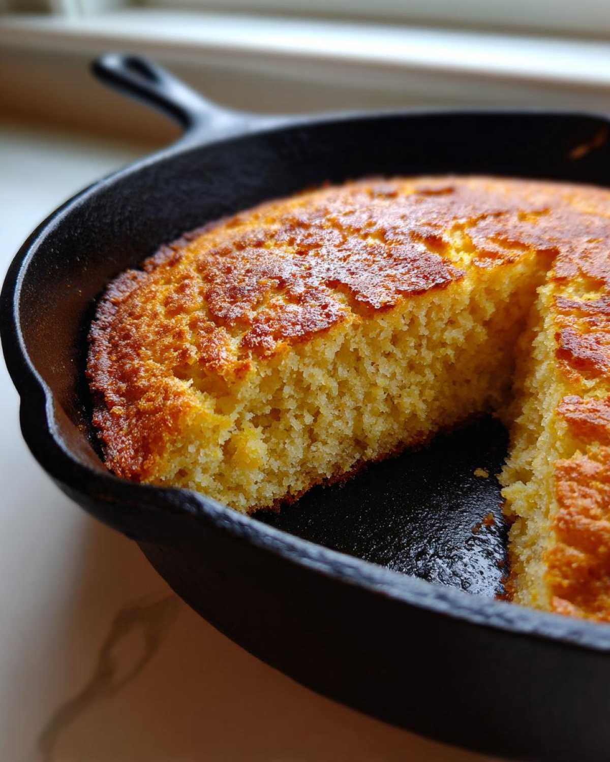 Close-up of moist sourdough cornbread with a golden-brown crust, sliced in a black cast iron skillet.