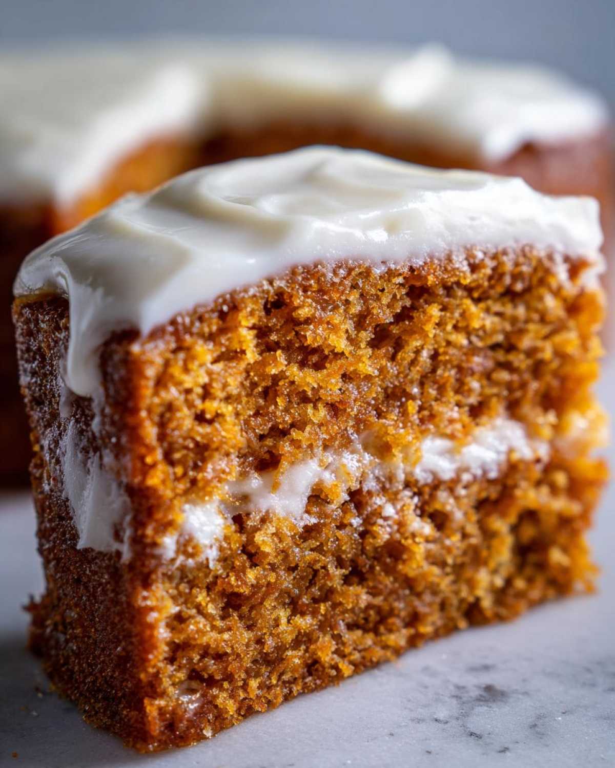 A close-up shot of a thick, moist slice of orange-brown spice cake topped with rich white cream cheese frosting.