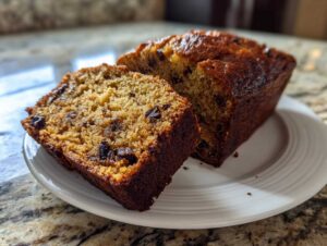 Close-up of a slice and a partial loaf of moist vegan banana bread with visible chocolate chips on a white plate.