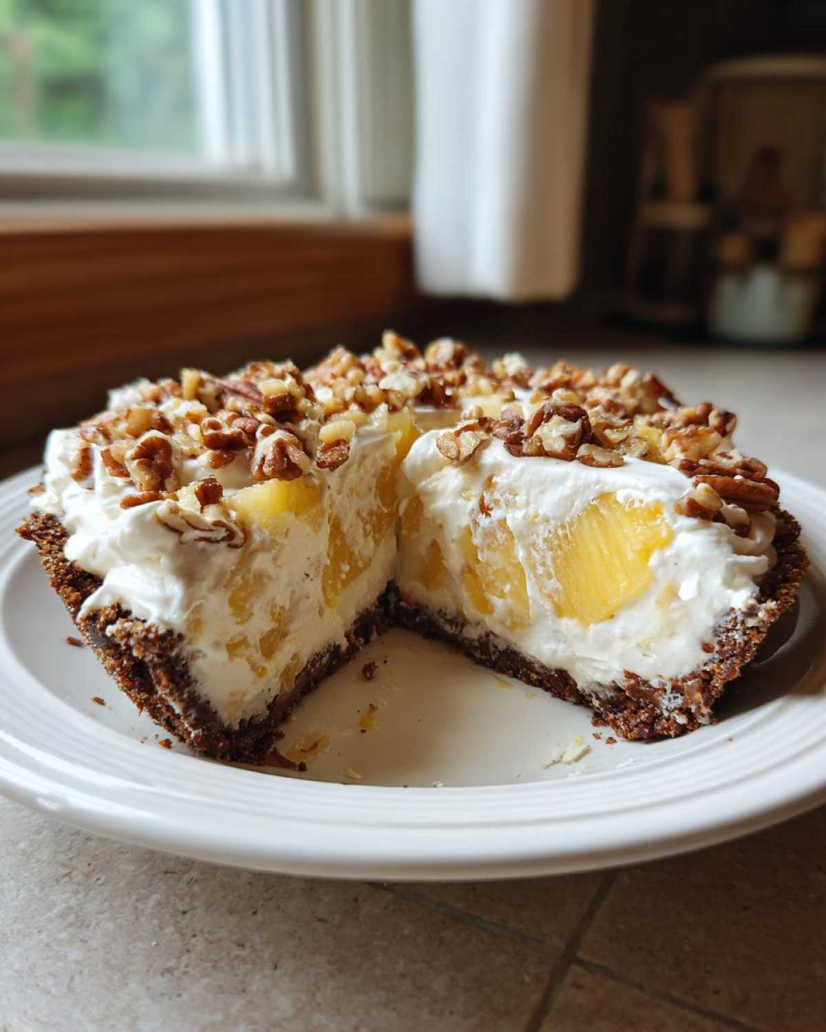 A slice removed from a no-bake Million Dollar Pie showing the creamy filling, pineapple chunks, and pecan topping.