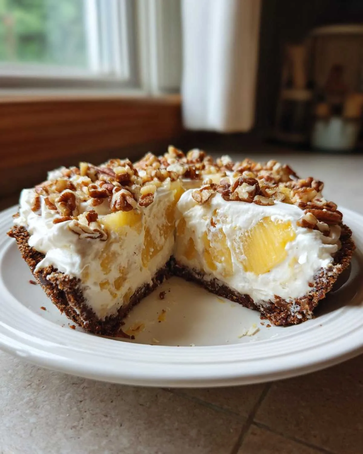A slice removed from a no-bake Million Dollar Pie showing the creamy filling, pineapple chunks, and pecan topping.
