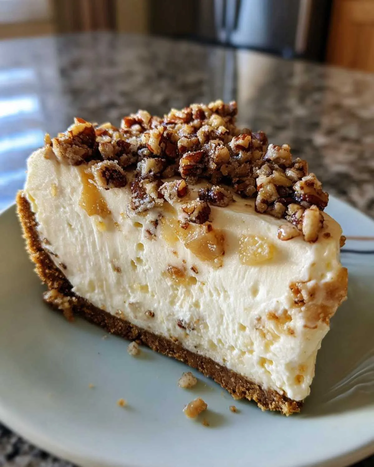 A thick slice of creamy no-bake Million Dollar Pie on a light blue plate, topped with candied pecans.