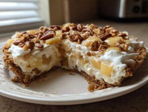 A close-up view of a slice of no-bake Million Dollar Pie showing the creamy filling, pineapple chunks, and pecan topping.