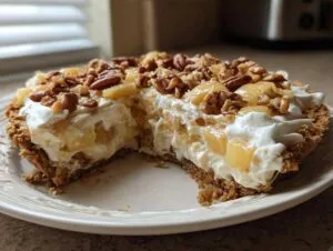 A close-up view of a slice of no-bake Million Dollar Pie showing the creamy filling, pineapple chunks, and pecan topping.