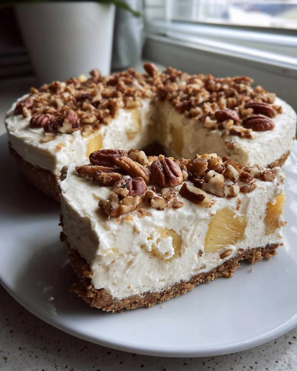 A slice of creamy, no-bake Million Dollar Pie topped with pecans and chunks of pineapple visible in the filling.