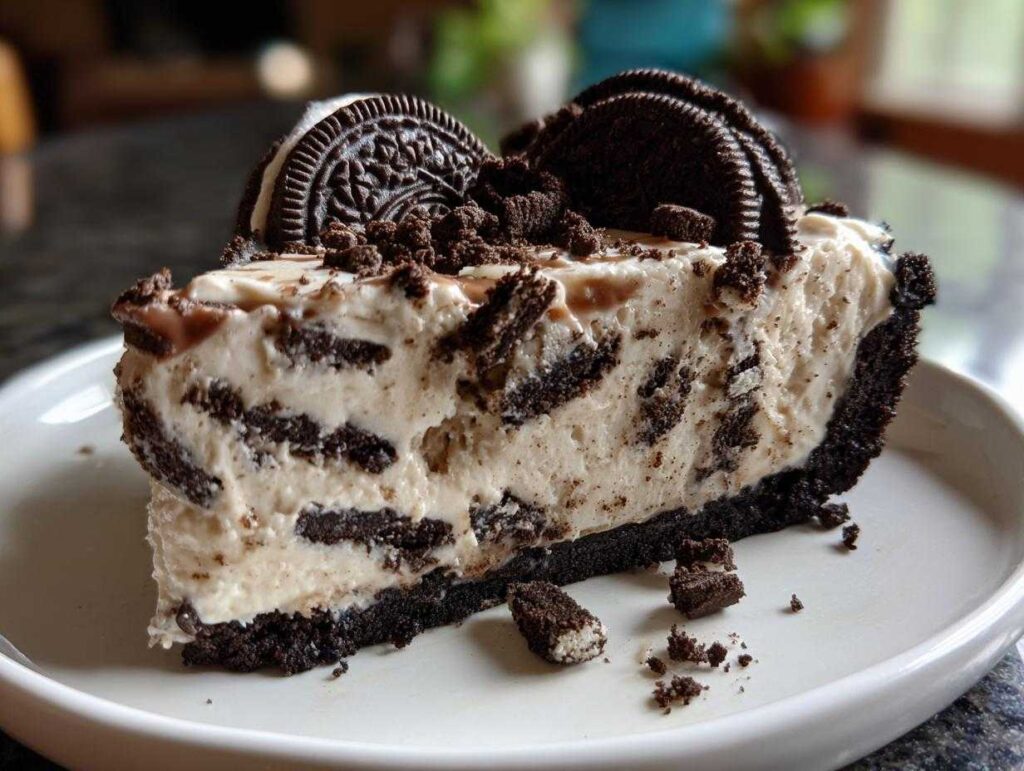 A generous slice of no bake oreo pie featuring a dark crust, creamy filling loaded with cookie pieces, and topped with whole cookies.