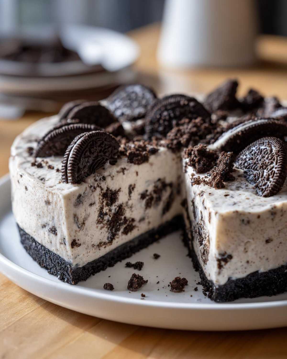 A slice removed from a creamy no bake oreo pie, topped with whole and crumbled Oreo cookies.
