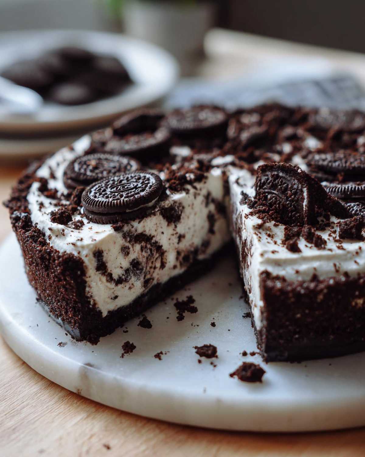 A rich, no-bake Oreo pie with a slice cut out, showing the creamy filling mixed with cookie pieces.