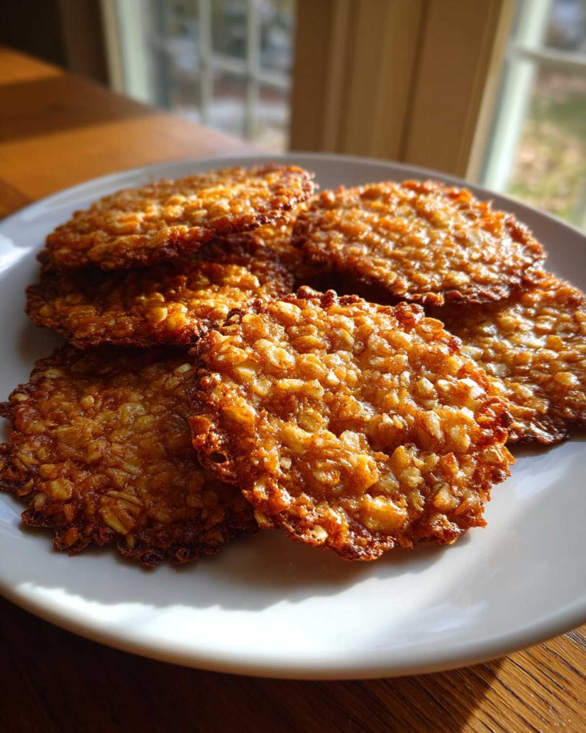 A stack of thin, crispy, golden brown oatmeal lace cookies resting on a white plate near a window.