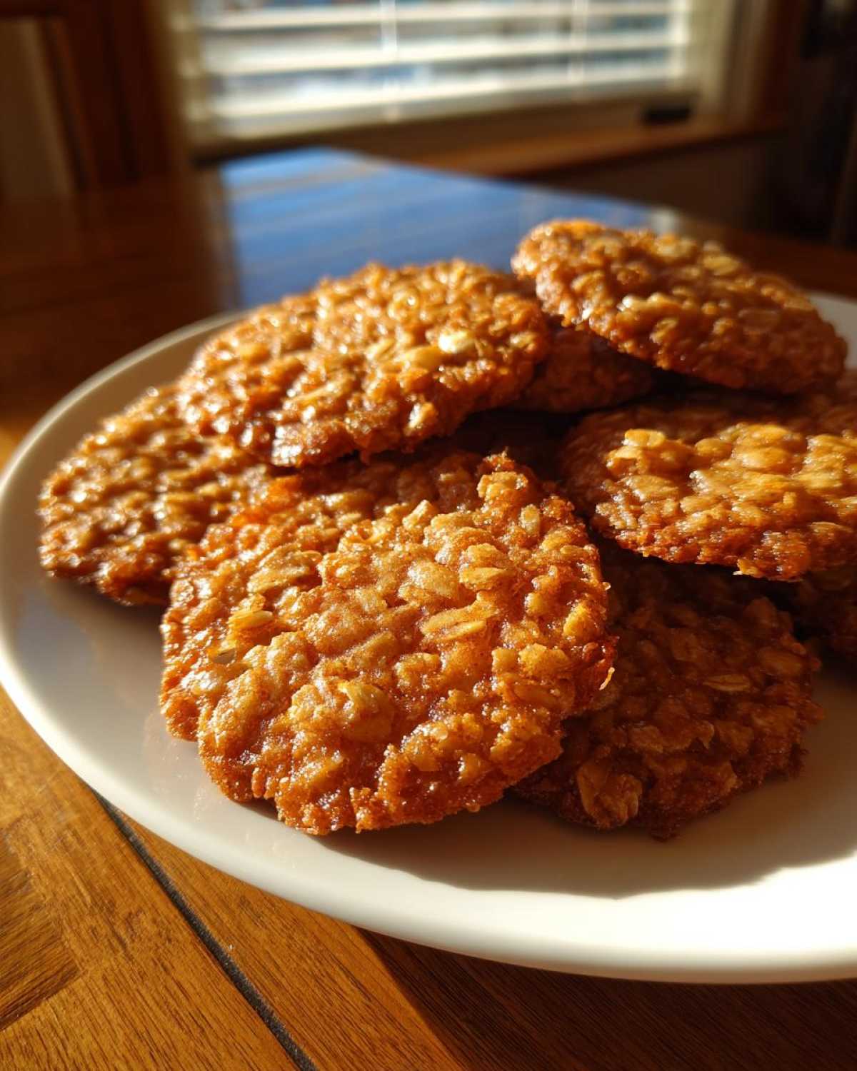 A stack of freshly baked, golden brown oatmeal lace cookies resting on a white plate, illuminated by sunlight.