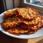 A stack of crispy, golden brown oatmeal lace cookies piled high on a white plate near a sunny window.
