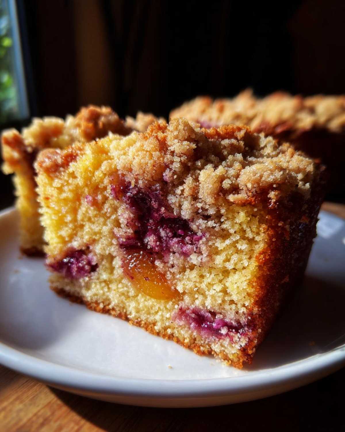 A close-up of a moist slice of plum cake with visible fruit pieces and a thick, golden crumb topping.