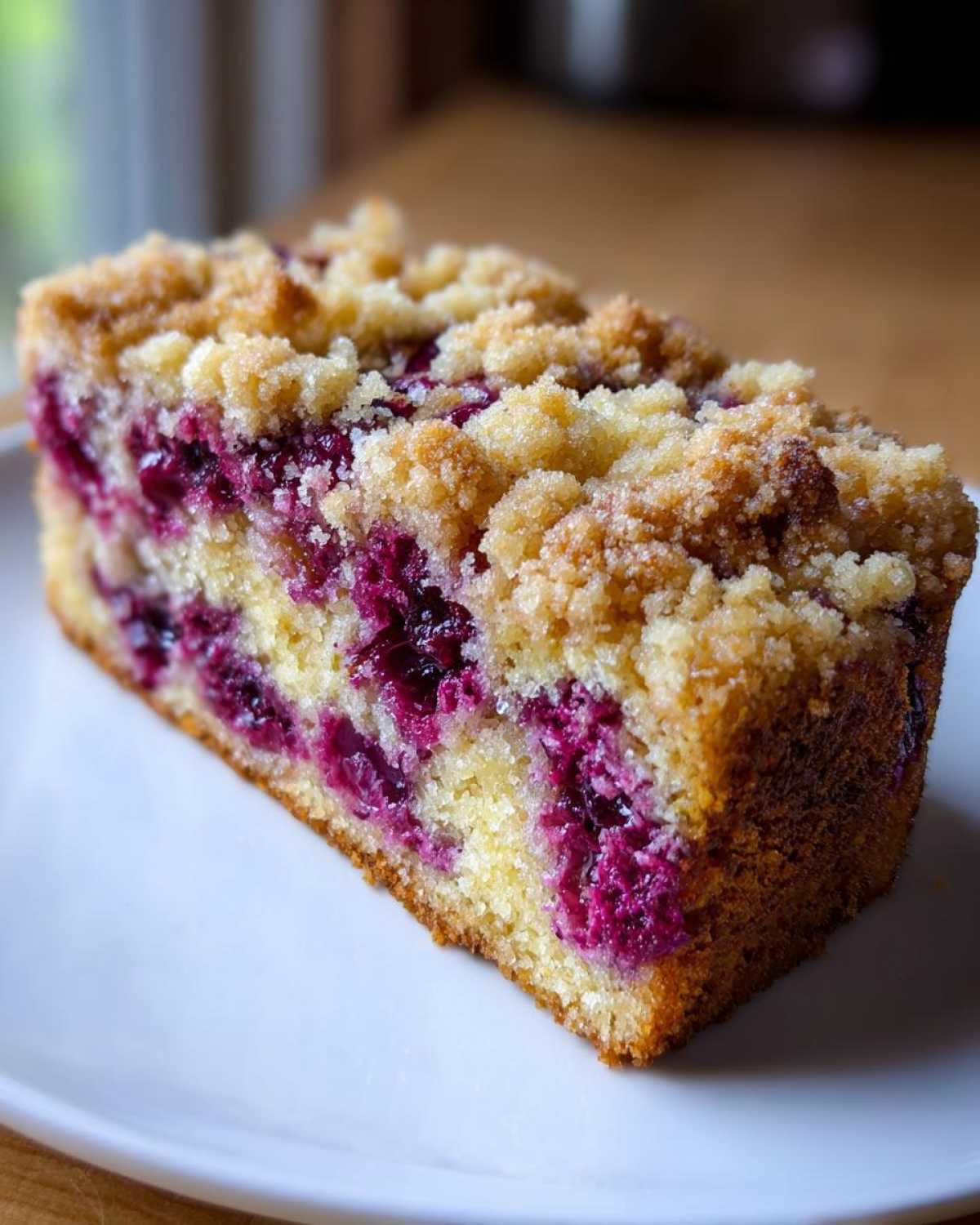 Close-up of a moist slice of plum cake featuring bright purple plums baked into a yellow crumb cake base with a streusel topping.