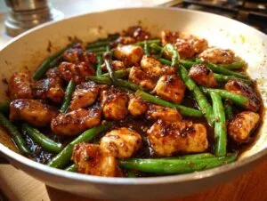 Close-up of glazed chicken pieces mixed with bright green beans in a white skillet, featuring the chicken and green beans dish.