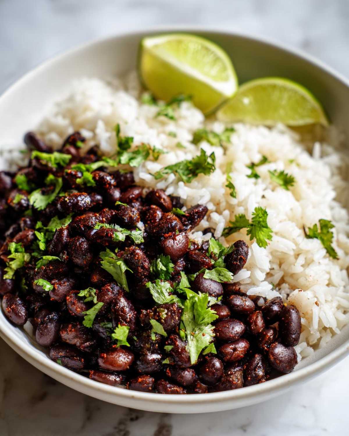 A close-up of a white bowl filled with white rice and seasoned black beans and rice, garnished with cilantro and lime wedges.